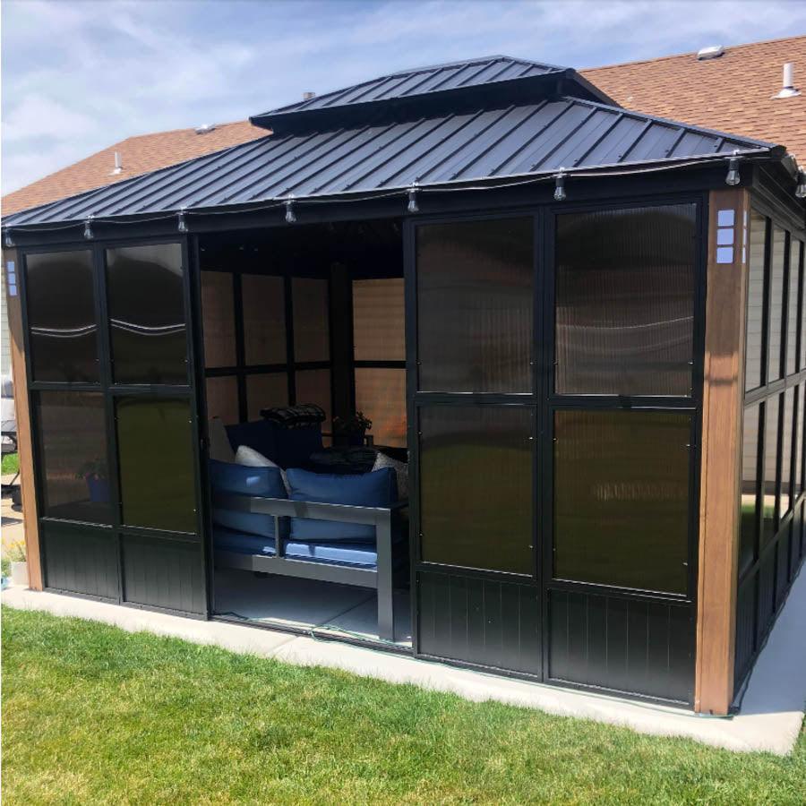 PURPLE LEAF Sunroom Hardtop Gazebo Solarium Wood Grain  Galvanized Steel Double Roof All-Weather Aluminum Outdoor Screen House with String Lights - Image 18