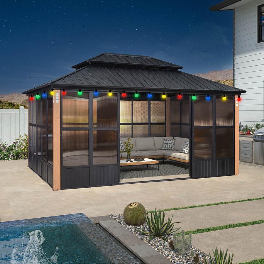 PURPLE LEAF Sunroom Hardtop Gazebo Solarium Wood Grain  Galvanized Steel Double Roof All-Weather Aluminum Outdoor Screen House with String Lights - Image 20