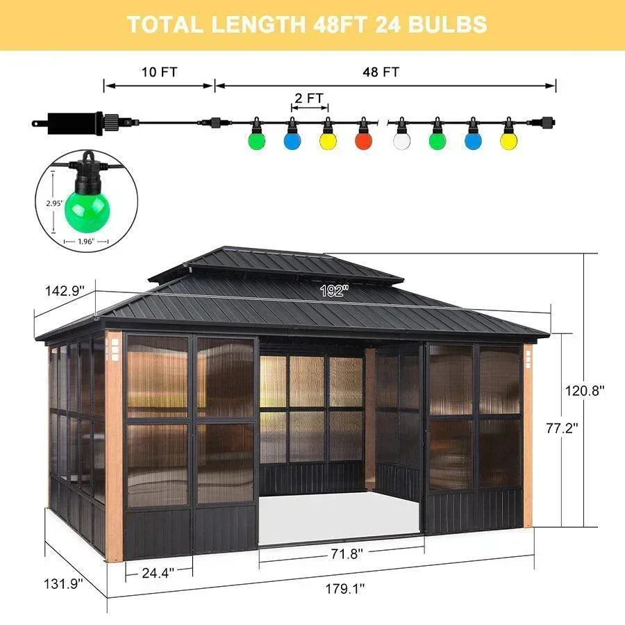 PURPLE LEAF Sunroom Hardtop Gazebo Solarium Wood Grain  Galvanized Steel Double Roof All-Weather Aluminum Outdoor Screen House with String Lights - Image 22