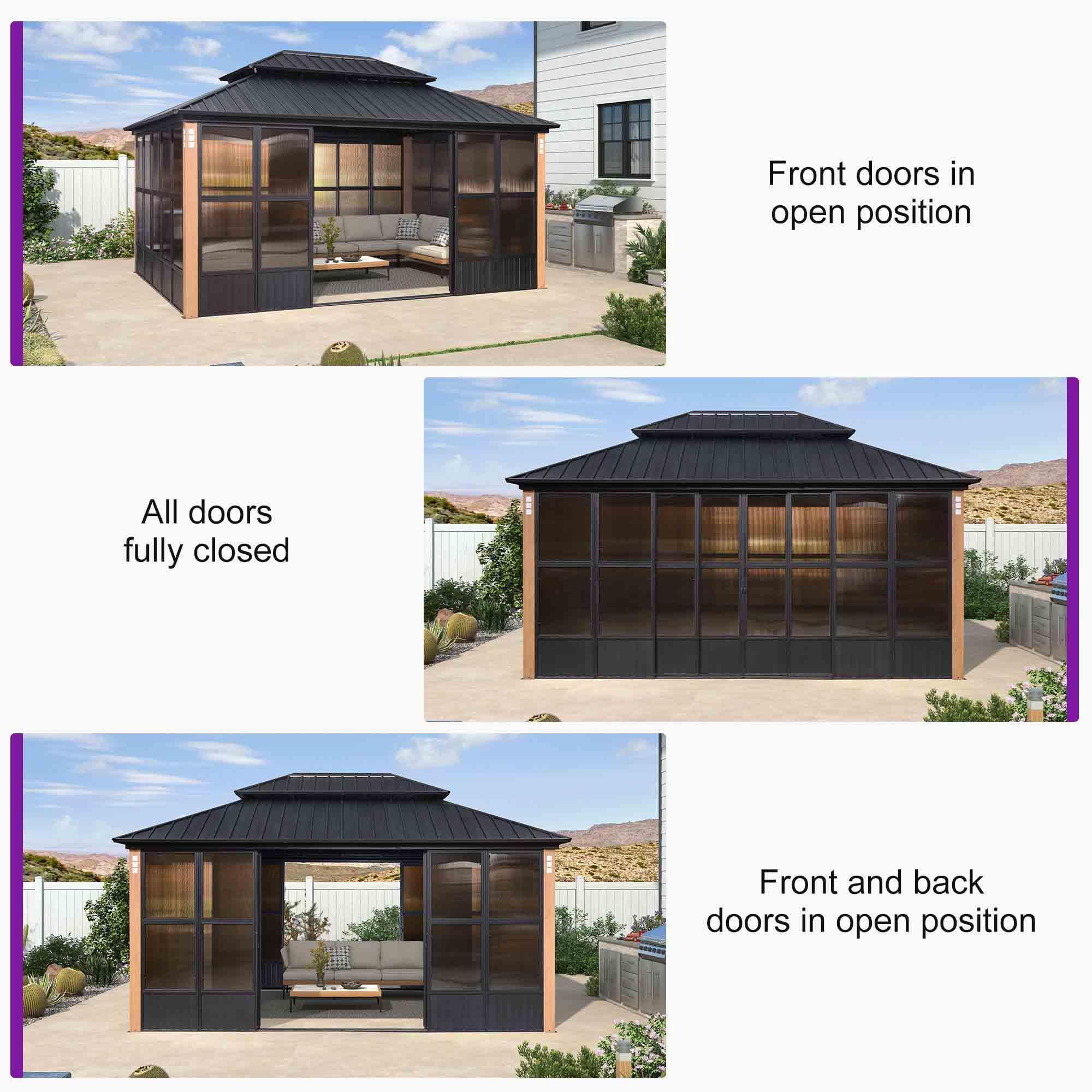 PURPLE LEAF Sunroom Hardtop Gazebo Solarium Wood Grain  Galvanized Steel Double Roof All-Weather Aluminum Outdoor Screen House with String Lights - Image 25