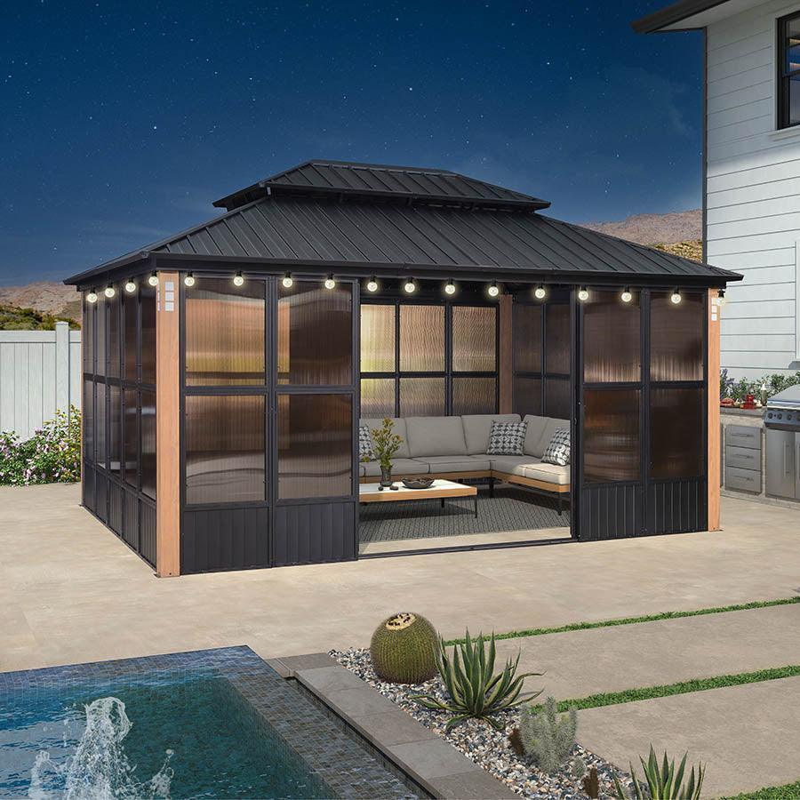 PURPLE LEAF Sunroom Hardtop Gazebo Solarium Wood Grain  Galvanized Steel Double Roof All-Weather Aluminum Outdoor Screen House with String Lights - Image 29