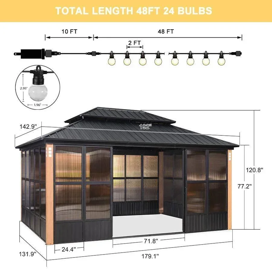 PURPLE LEAF Sunroom Hardtop Gazebo Solarium Wood Grain  Galvanized Steel Double Roof All-Weather Aluminum Outdoor Screen House with String Lights - Image 31