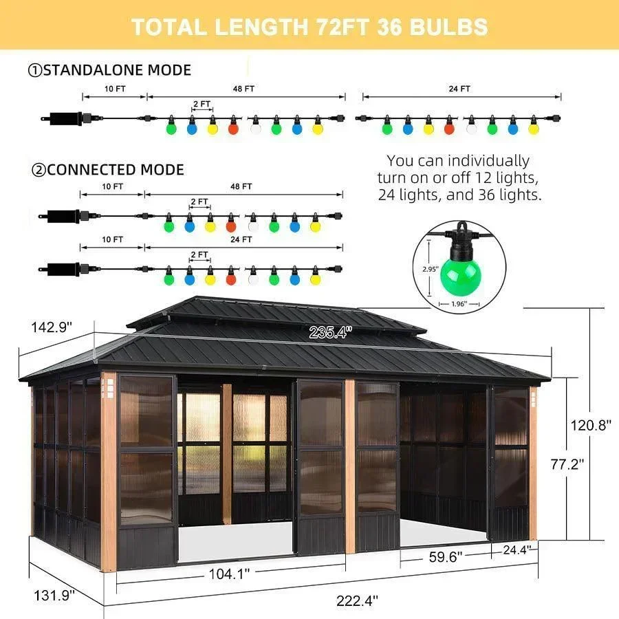 PURPLE LEAF Sunroom Hardtop Gazebo Solarium Wood Grain  Galvanized Steel Double Roof All-Weather Aluminum Outdoor Screen House with String Lights - Image 32