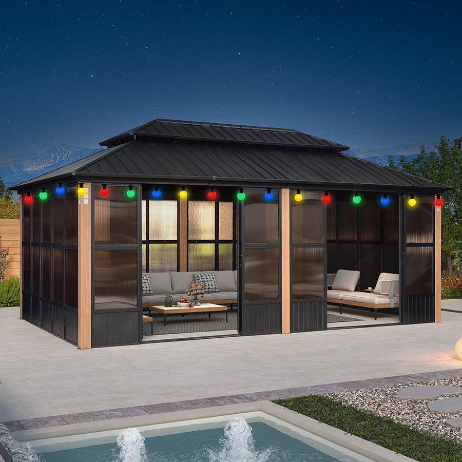 PURPLE LEAF Sunroom Hardtop Gazebo Solarium Wood Grain  Galvanized Steel Double Roof All-Weather Aluminum Outdoor Screen House with String Lights - Image 33