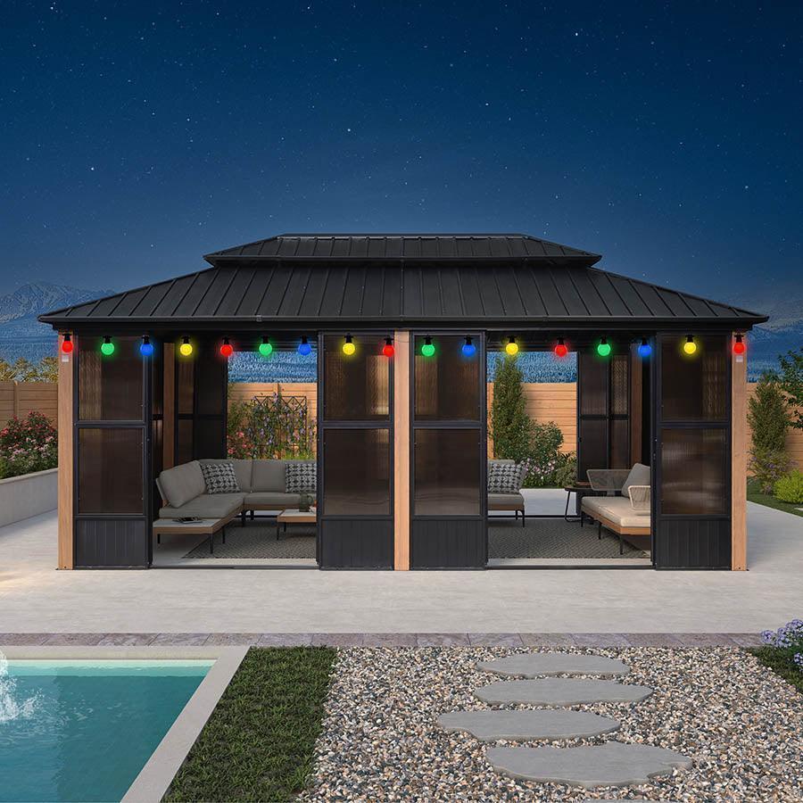 PURPLE LEAF Sunroom Hardtop Gazebo Solarium Wood Grain  Galvanized Steel Double Roof All-Weather Aluminum Outdoor Screen House with String Lights - Image 34