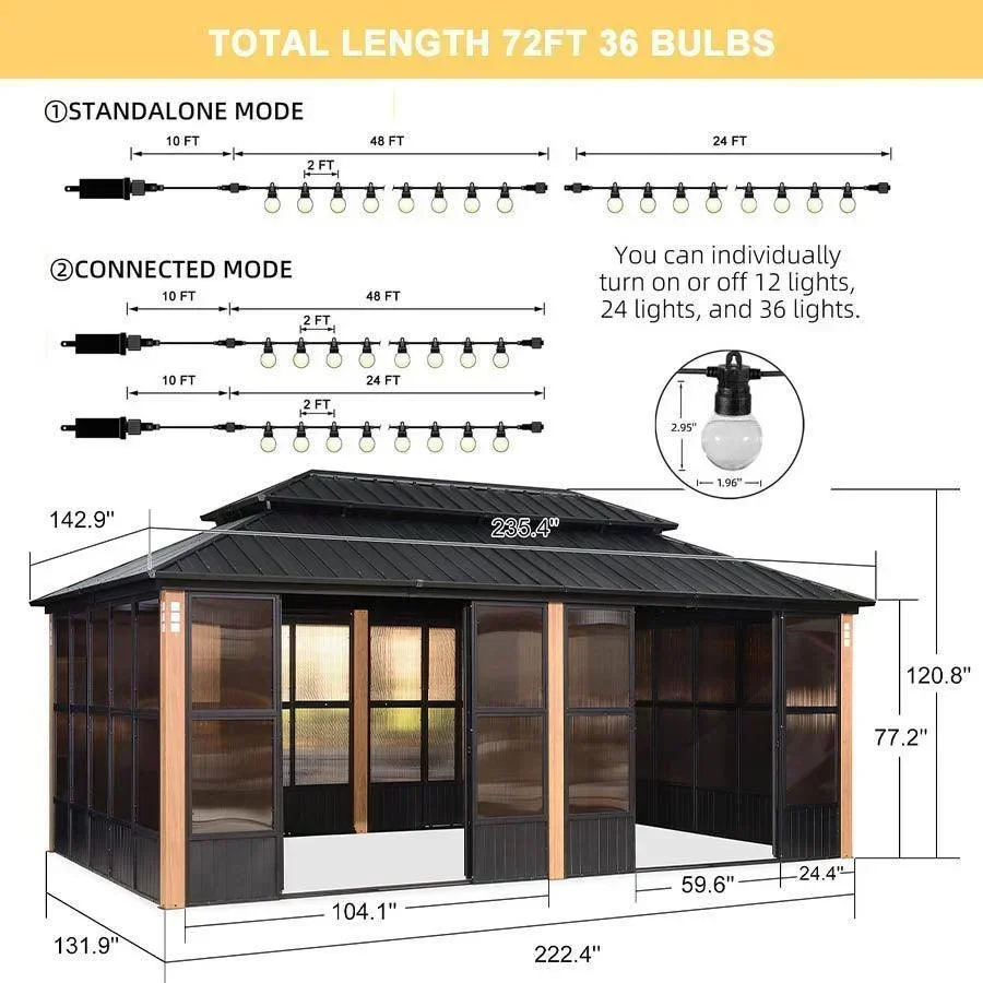 PURPLE LEAF Sunroom Hardtop Gazebo Solarium Wood Grain  Galvanized Steel Double Roof All-Weather Aluminum Outdoor Screen House with String Lights - Image 36