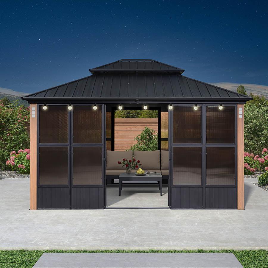 PURPLE LEAF Sunroom Hardtop Gazebo Solarium Wood Grain  Galvanized Steel Double Roof All-Weather Aluminum Outdoor Screen House with String Lights - Image 38