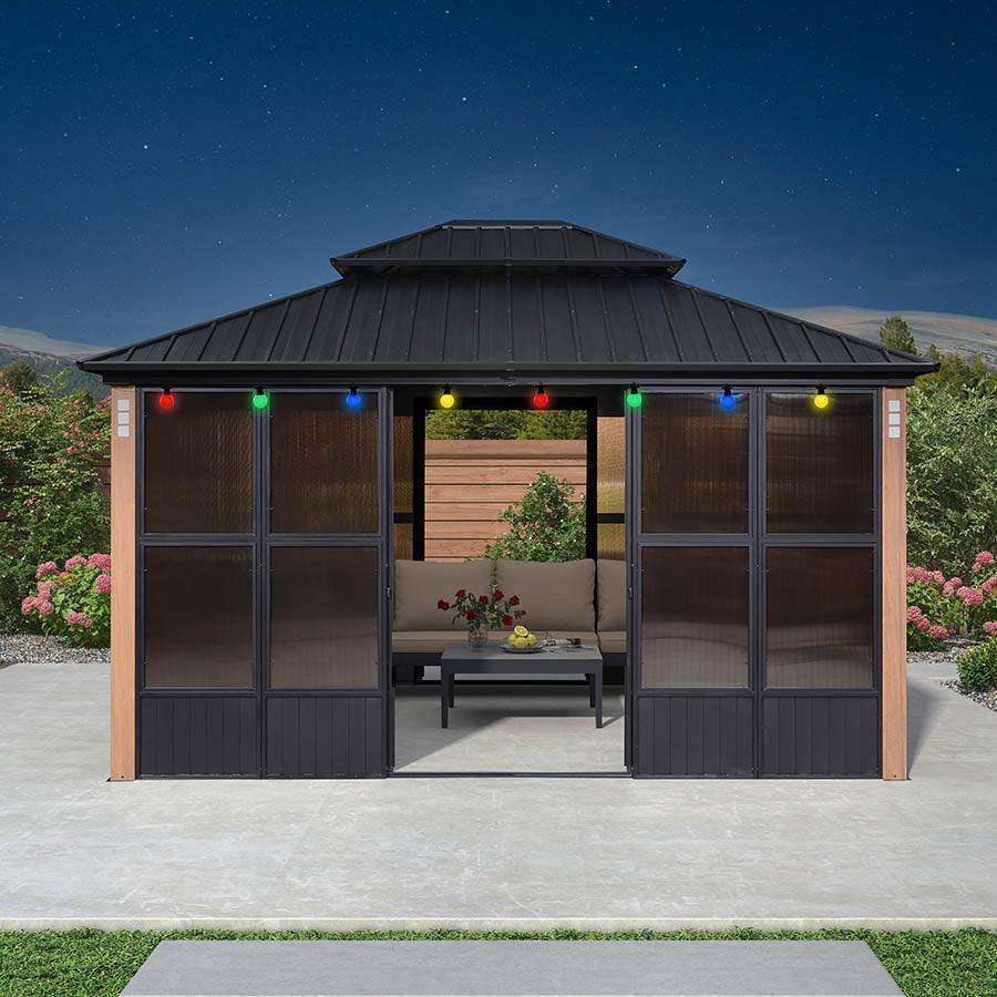 PURPLE LEAF Sunroom Hardtop Gazebo Solarium Wood Grain  Galvanized Steel Double Roof All-Weather Aluminum Outdoor Screen House with String Lights - Image 4