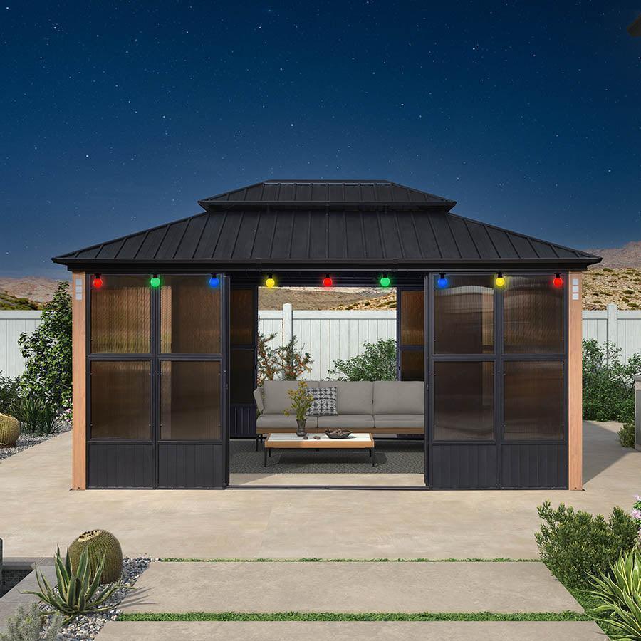 PURPLE LEAF Sunroom Hardtop Gazebo Solarium Wood Grain  Galvanized Steel Double Roof All-Weather Aluminum Outdoor Screen House with String Lights - Image 40