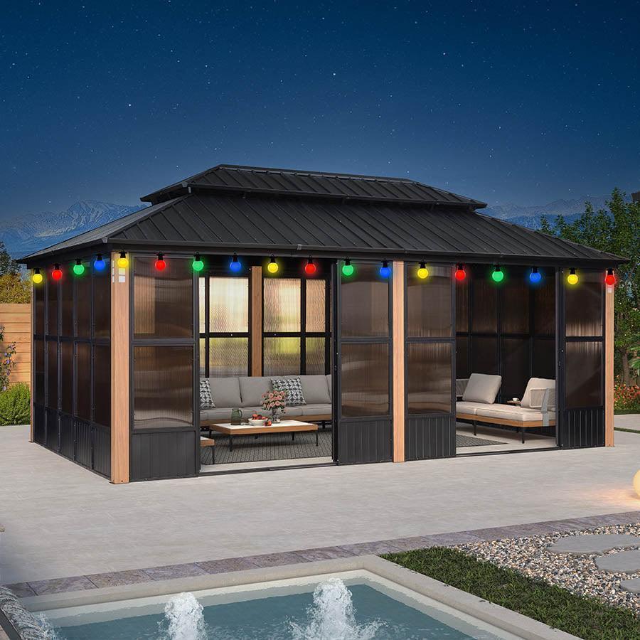 PURPLE LEAF Sunroom Hardtop Gazebo Solarium Wood Grain  Galvanized Steel Double Roof All-Weather Aluminum Outdoor Screen House with String Lights - Image 44