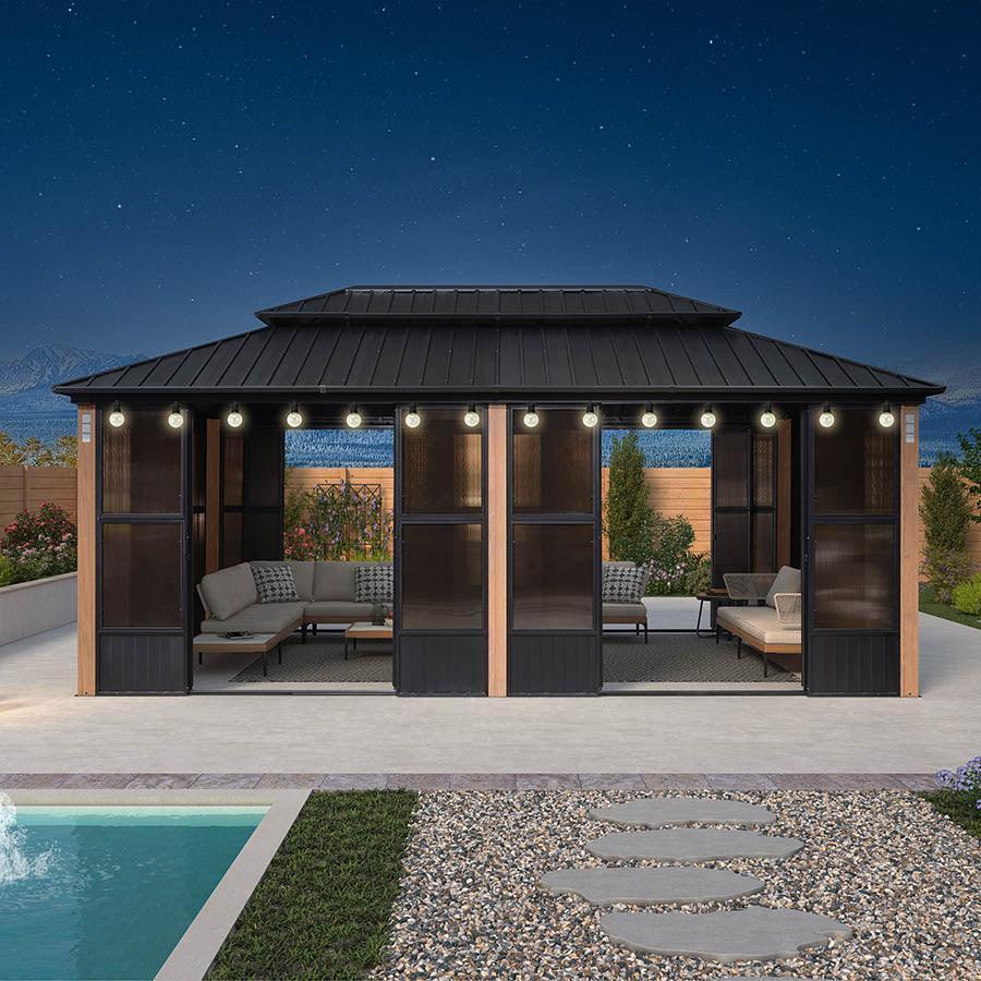 PURPLE LEAF Sunroom Hardtop Gazebo Solarium Wood Grain  Galvanized Steel Double Roof All-Weather Aluminum Outdoor Screen House with String Lights - Image 46