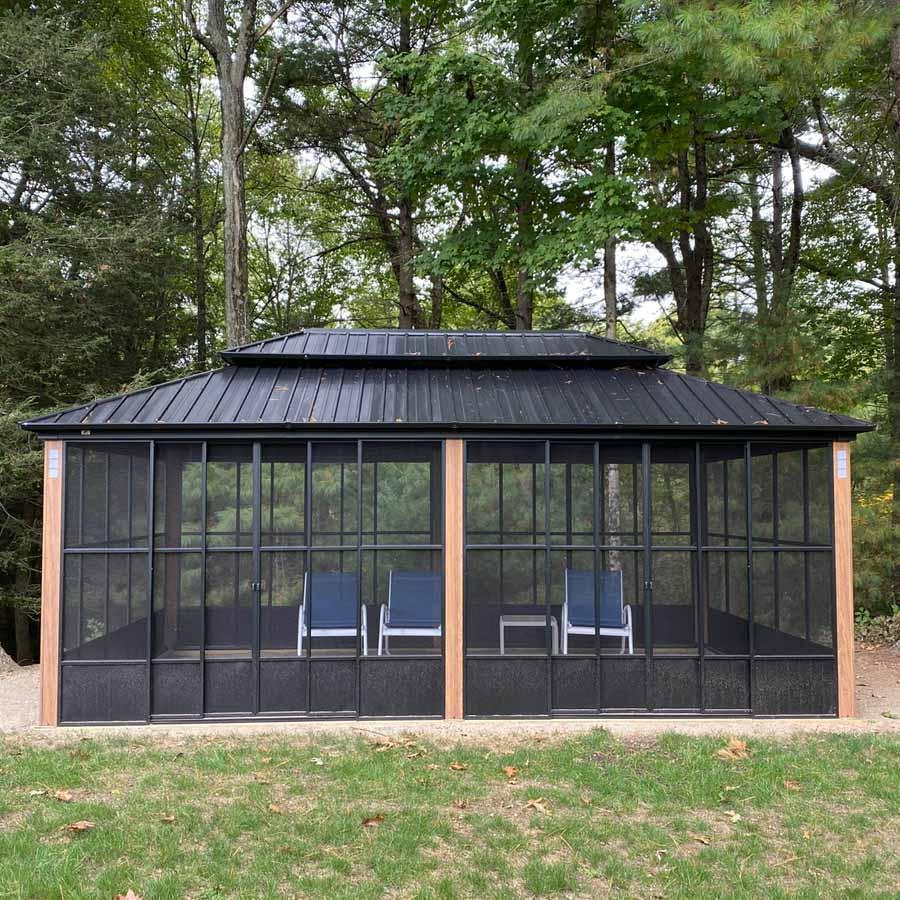 PURPLE LEAF Sunroom Hardtop Gazebo Solarium Wood Grain  Galvanized Steel Double Roof All-Weather Aluminum Outdoor Screen House with String Lights - Image 47