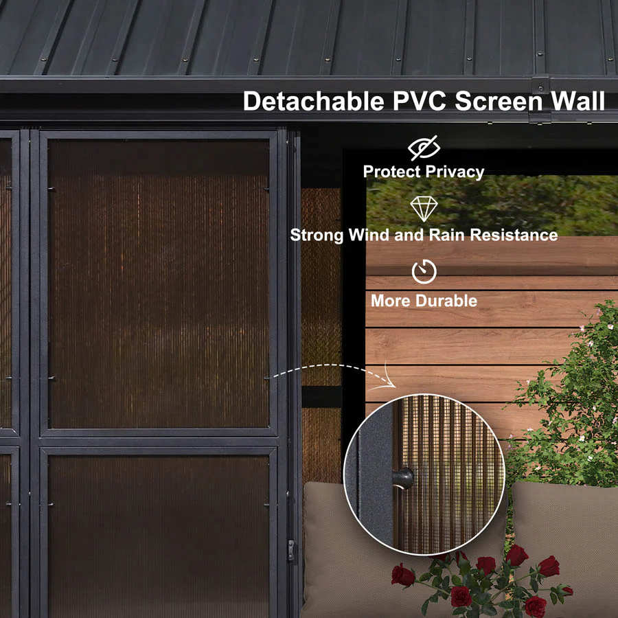 PURPLE LEAF Sunroom Hardtop Gazebo Solarium Wood Grain  Galvanized Steel Double Roof All-Weather Aluminum Outdoor Screen House with String Lights - Image 58