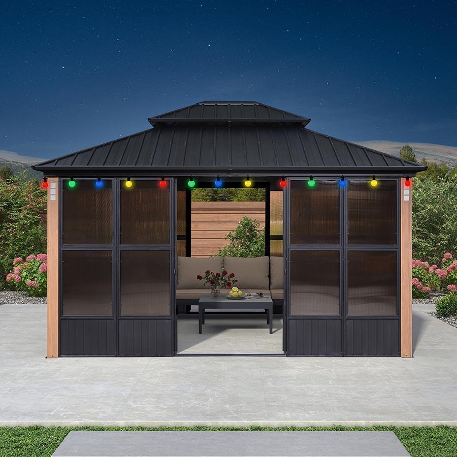 PURPLE LEAF Sunroom Hardtop Gazebo Solarium Wood Grain  Galvanized Steel Double Roof All-Weather Aluminum Outdoor Screen House with String Lights - Image 6