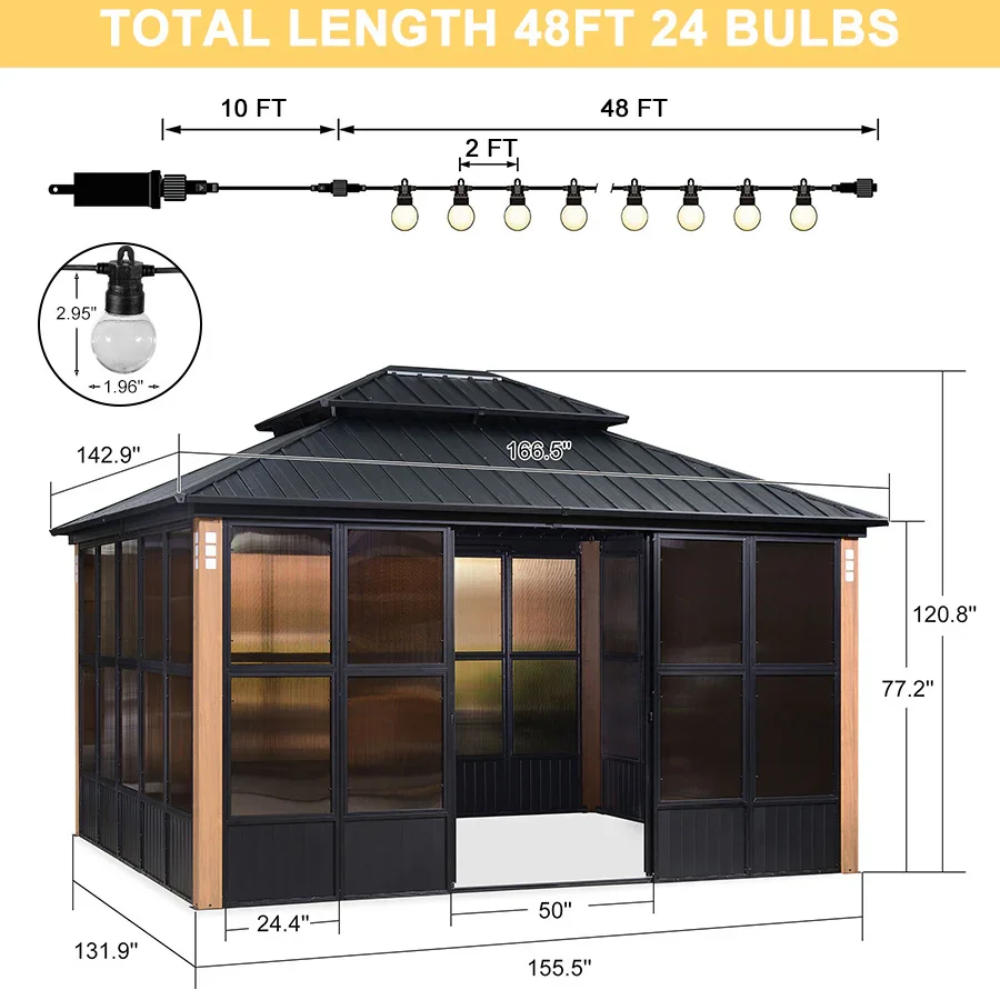 PURPLE LEAF Sunroom Hardtop Gazebo Solarium Wood Grain  Galvanized Steel Double Roof All-Weather Aluminum Outdoor Screen House with String Lights - Image 62