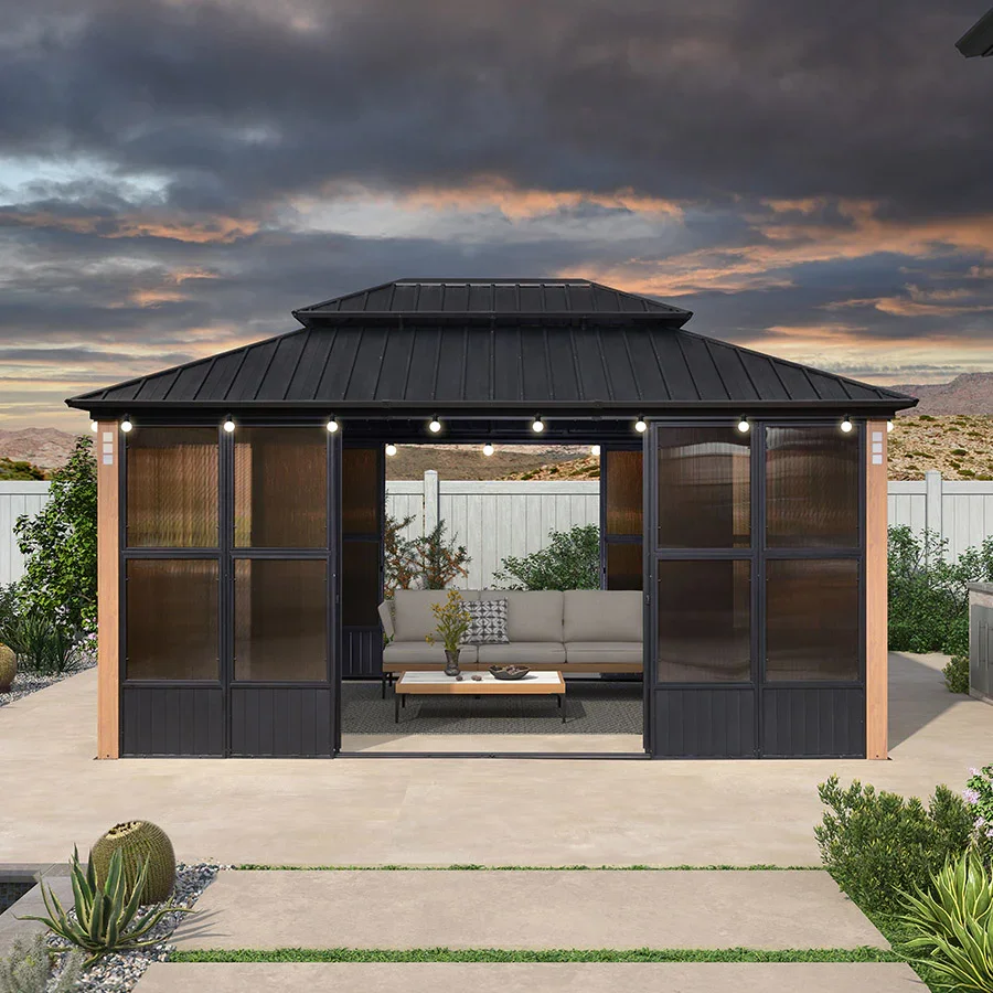 PURPLE LEAF Sunroom Hardtop Gazebo Solarium Wood Grain  Galvanized Steel Double Roof All-Weather Aluminum Outdoor Screen House with String Lights - Image 66