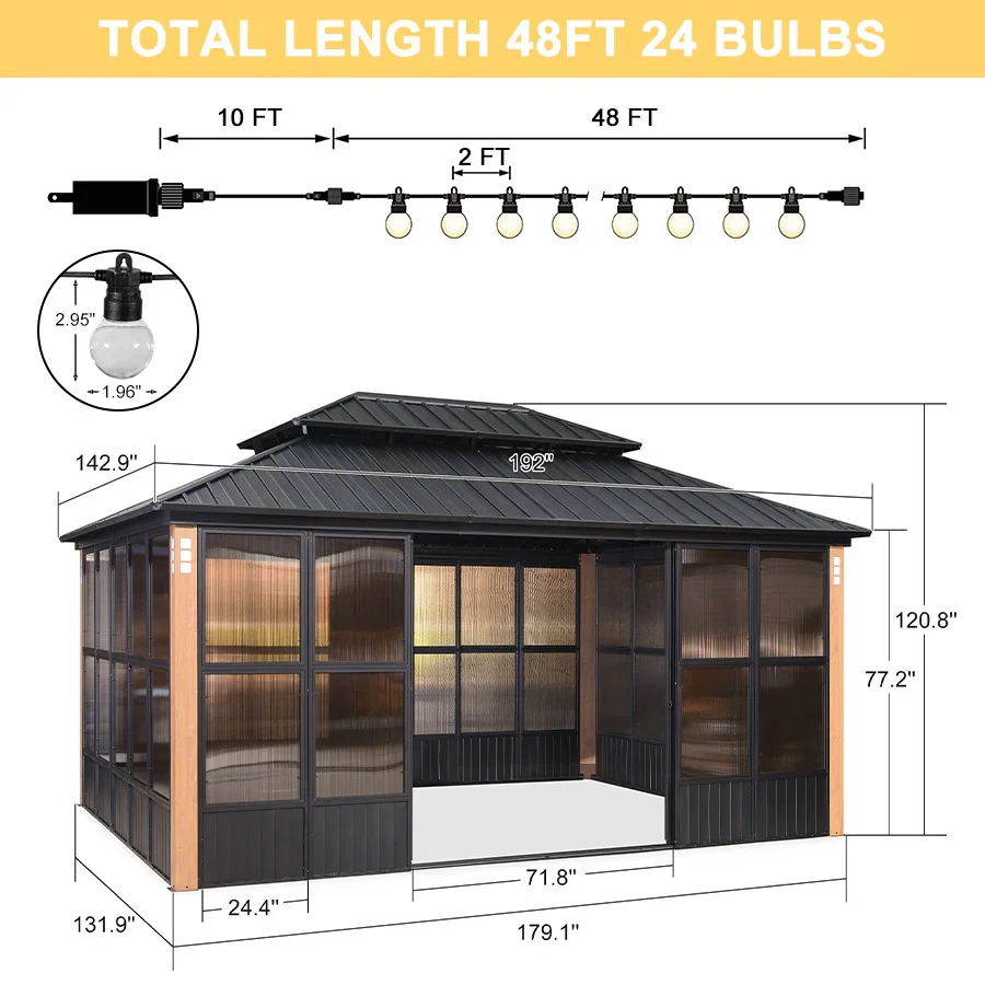 PURPLE LEAF Sunroom Hardtop Gazebo Solarium Wood Grain  Galvanized Steel Double Roof All-Weather Aluminum Outdoor Screen House with String Lights - Image 67