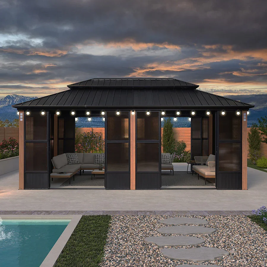 PURPLE LEAF Sunroom Hardtop Gazebo Solarium Wood Grain  Galvanized Steel Double Roof All-Weather Aluminum Outdoor Screen House with String Lights - Image 68