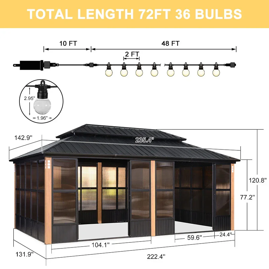 PURPLE LEAF Sunroom Hardtop Gazebo Solarium Wood Grain  Galvanized Steel Double Roof All-Weather Aluminum Outdoor Screen House with String Lights - Image 69