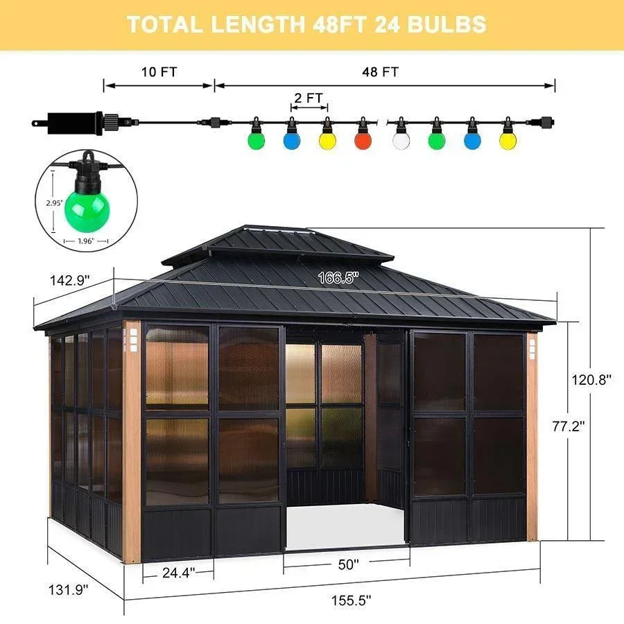 PURPLE LEAF Sunroom Hardtop Gazebo Solarium Wood Grain  Galvanized Steel Double Roof All-Weather Aluminum Outdoor Screen House with String Lights - Image 7