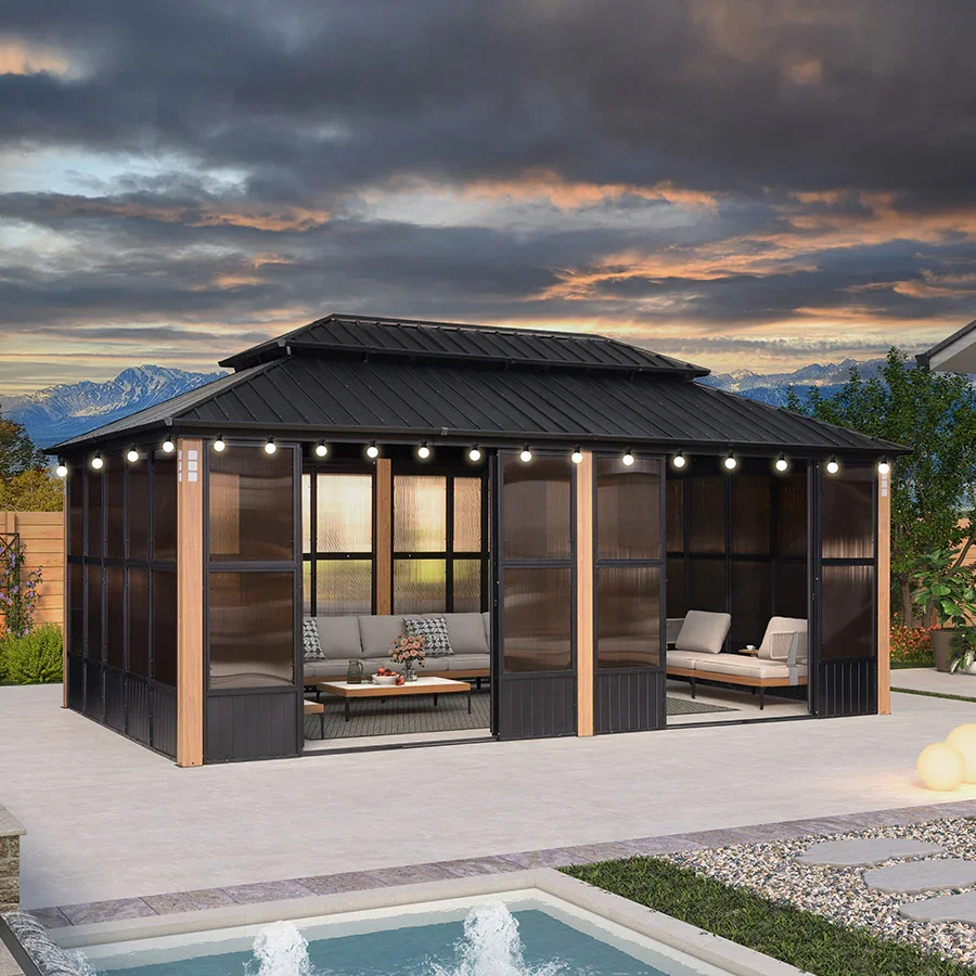 PURPLE LEAF Sunroom Hardtop Gazebo Solarium Wood Grain  Galvanized Steel Double Roof All-Weather Aluminum Outdoor Screen House with String Lights - Image 70