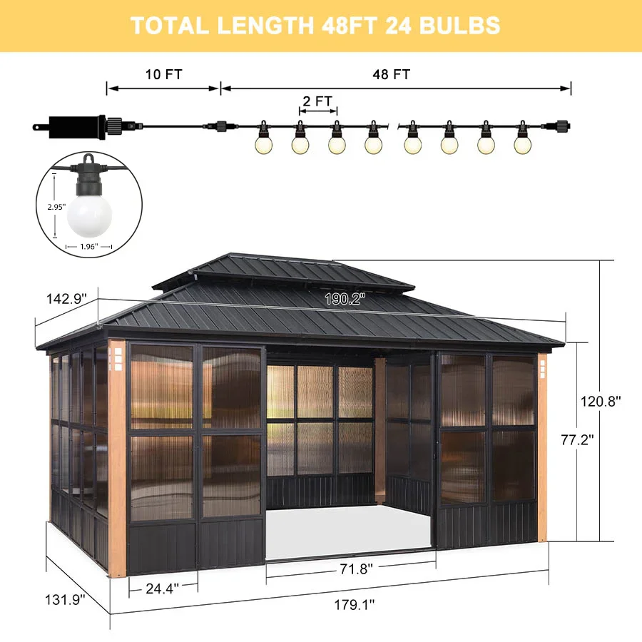 PURPLE LEAF Sunroom Hardtop Gazebo Solarium Wood Grain  Galvanized Steel Double Roof All-Weather Aluminum Outdoor Screen House with String Lights - Image 72