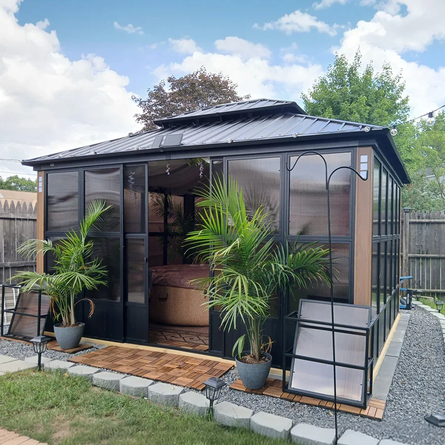 PURPLE LEAF Sunroom Hardtop Gazebo Solarium Wood Grain  Galvanized Steel Double Roof All-Weather Aluminum Outdoor Screen House with String Lights - Image 74