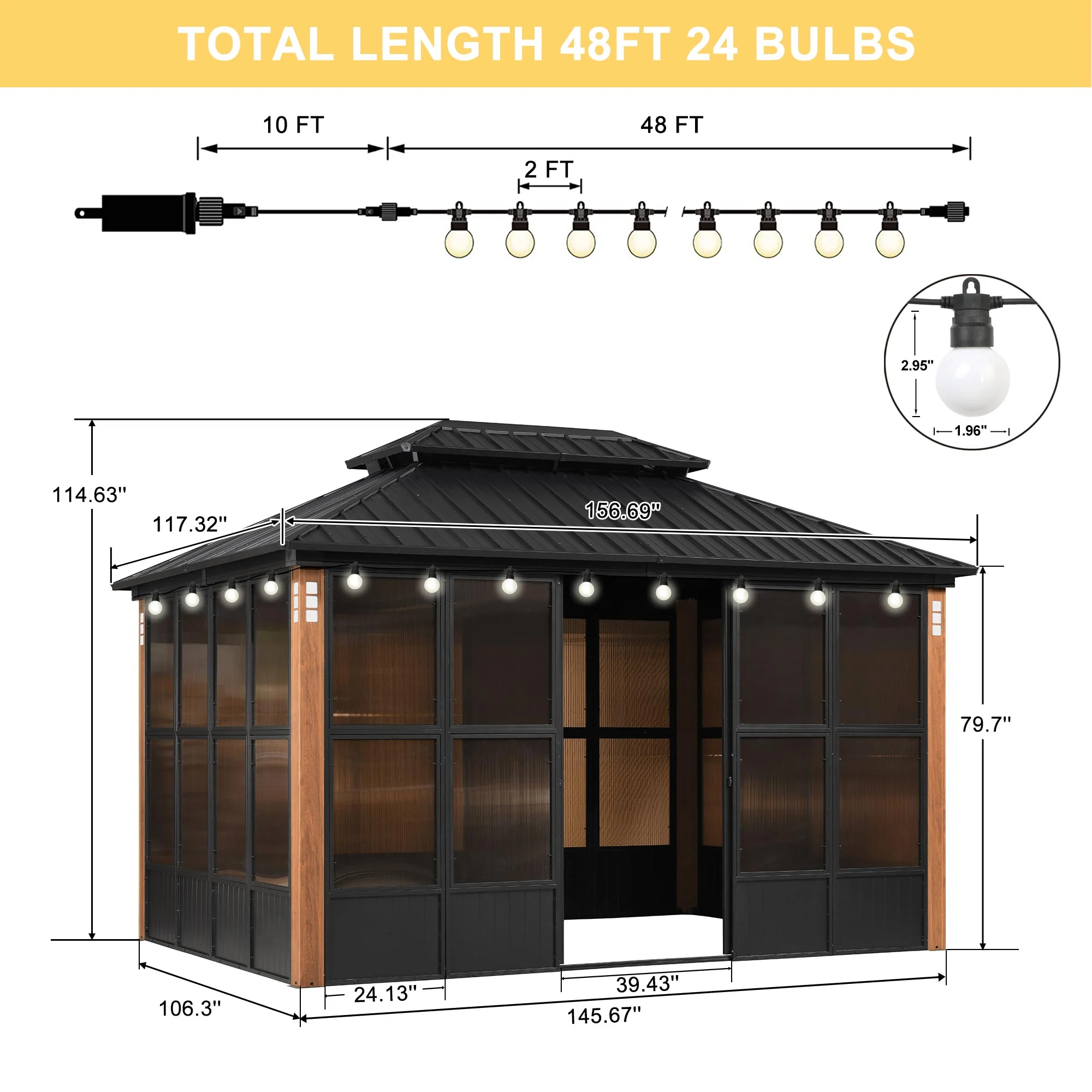 PURPLE LEAF Sunroom Hardtop Gazebo Solarium Wood Grain  Galvanized Steel Double Roof All-Weather Aluminum Outdoor Screen House with String Lights - Image 92
