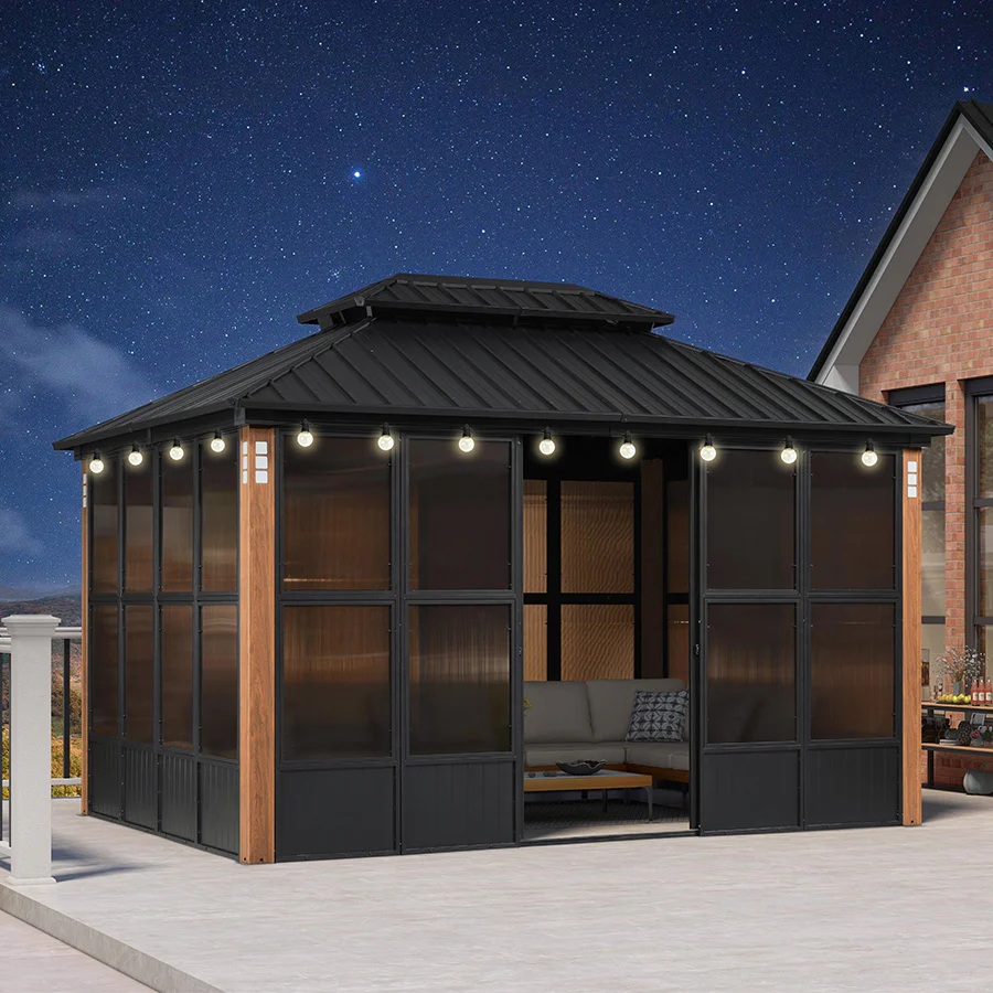 PURPLE LEAF Sunroom Hardtop Gazebo Solarium Wood Grain  Galvanized Steel Double Roof All-Weather Aluminum Outdoor Screen House with String Lights - Image 95