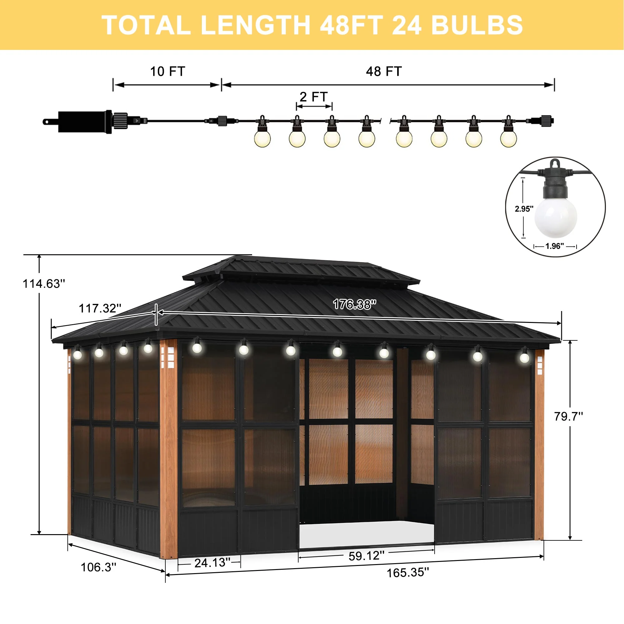 PURPLE LEAF Sunroom Hardtop Gazebo Solarium Wood Grain  Galvanized Steel Double Roof All-Weather Aluminum Outdoor Screen House with String Lights - Image 96