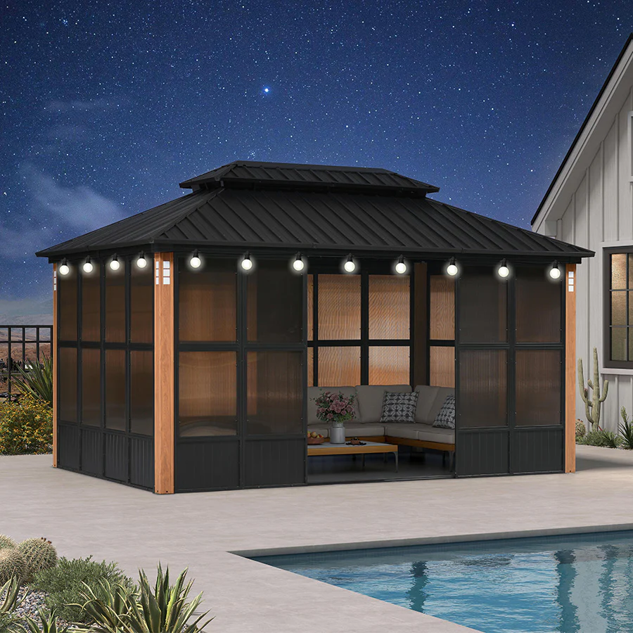 PURPLE LEAF Sunroom Hardtop Gazebo Solarium Wood Grain  Galvanized Steel Double Roof All-Weather Aluminum Outdoor Screen House with String Lights - Image 97