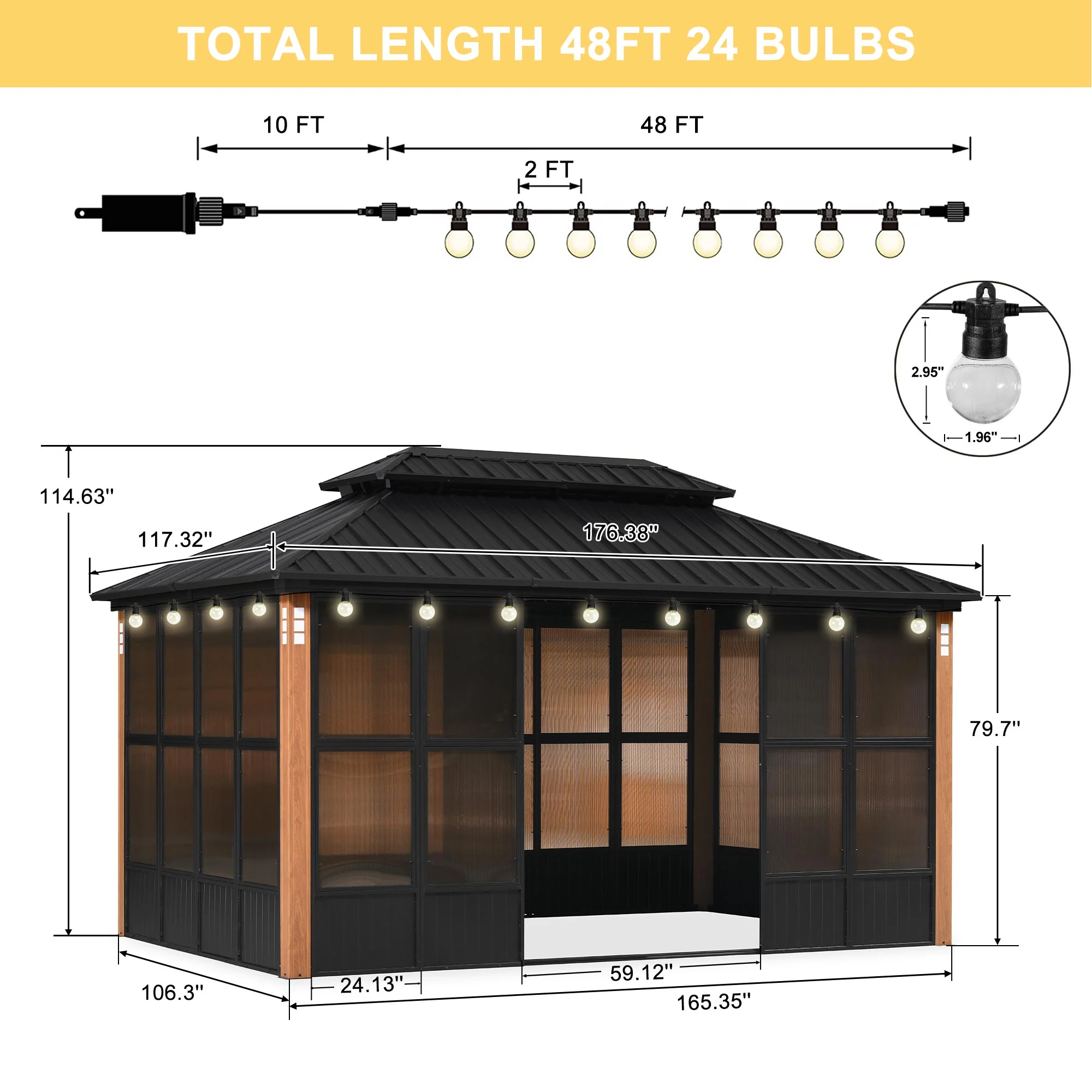 PURPLE LEAF Sunroom Hardtop Gazebo Solarium Wood Grain  Galvanized Steel Double Roof All-Weather Aluminum Outdoor Screen House with String Lights - Image 98
