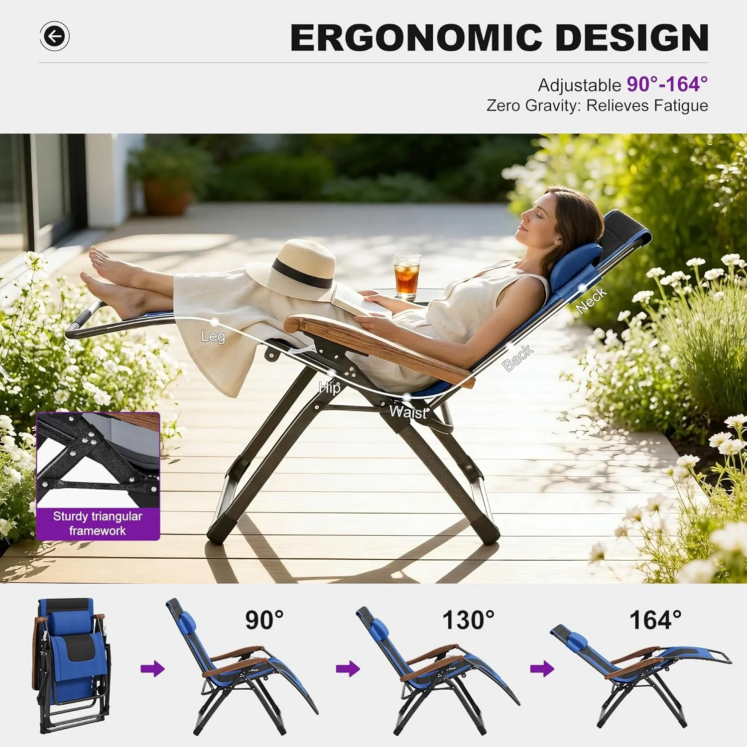 PURPLE LEAF Outdoor Reclining Chair Patio Zero Gravity Chaise Lounge Folding Chair with Quilted Cushion Adjustable Headrest for Lawn Camping Beach Pool - Image 15