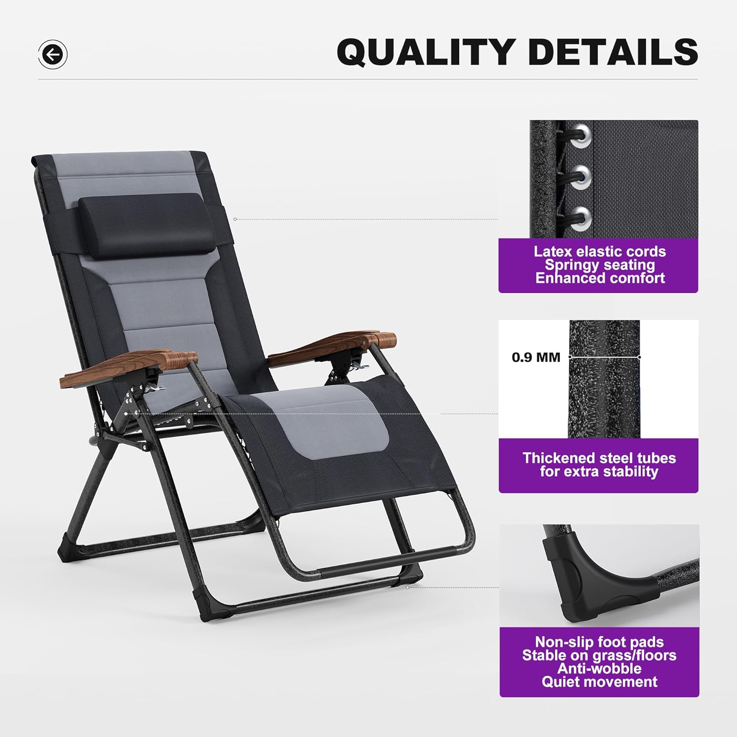 PURPLE LEAF Outdoor Reclining Chair Patio Zero Gravity Chaise Lounge Folding Chair with Quilted Cushion Adjustable Headrest for Lawn Camping Beach Pool - Image 19