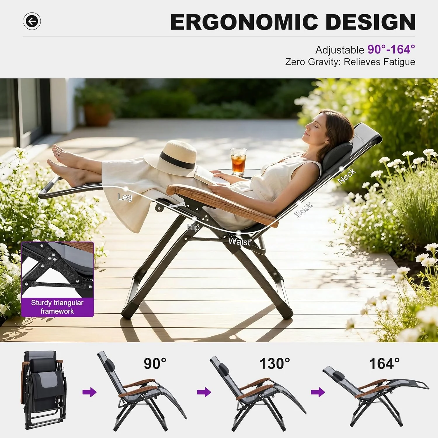 PURPLE LEAF Outdoor Reclining Chair Patio Zero Gravity Chaise Lounge Folding Chair with Quilted Cushion Adjustable Headrest for Lawn Camping Beach Pool - Image 22