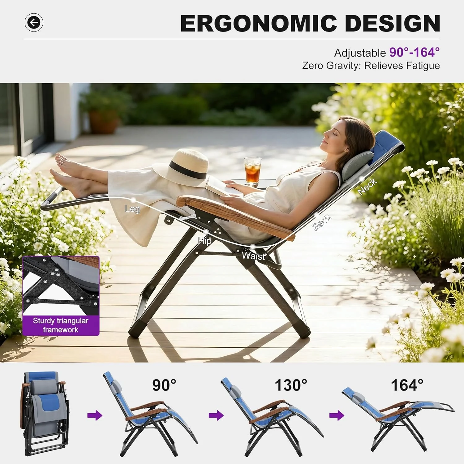 PURPLE LEAF Outdoor Reclining Chair Patio Zero Gravity Chaise Lounge Folding Chair with Quilted Cushion Adjustable Headrest for Lawn Camping Beach Pool - Image 25