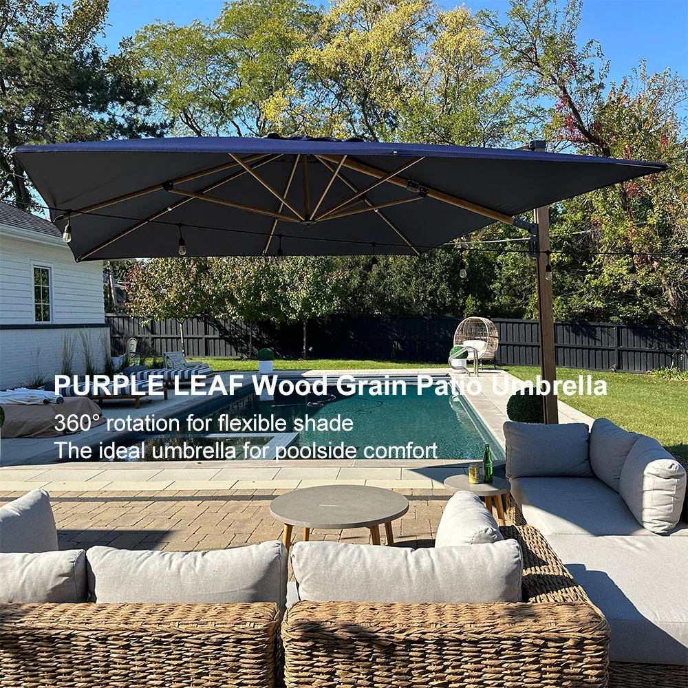 PURPLE LEAF Wood Grain Cantilever Patio Umbrella Aluminum Outdoor Umbrellas - Image 223