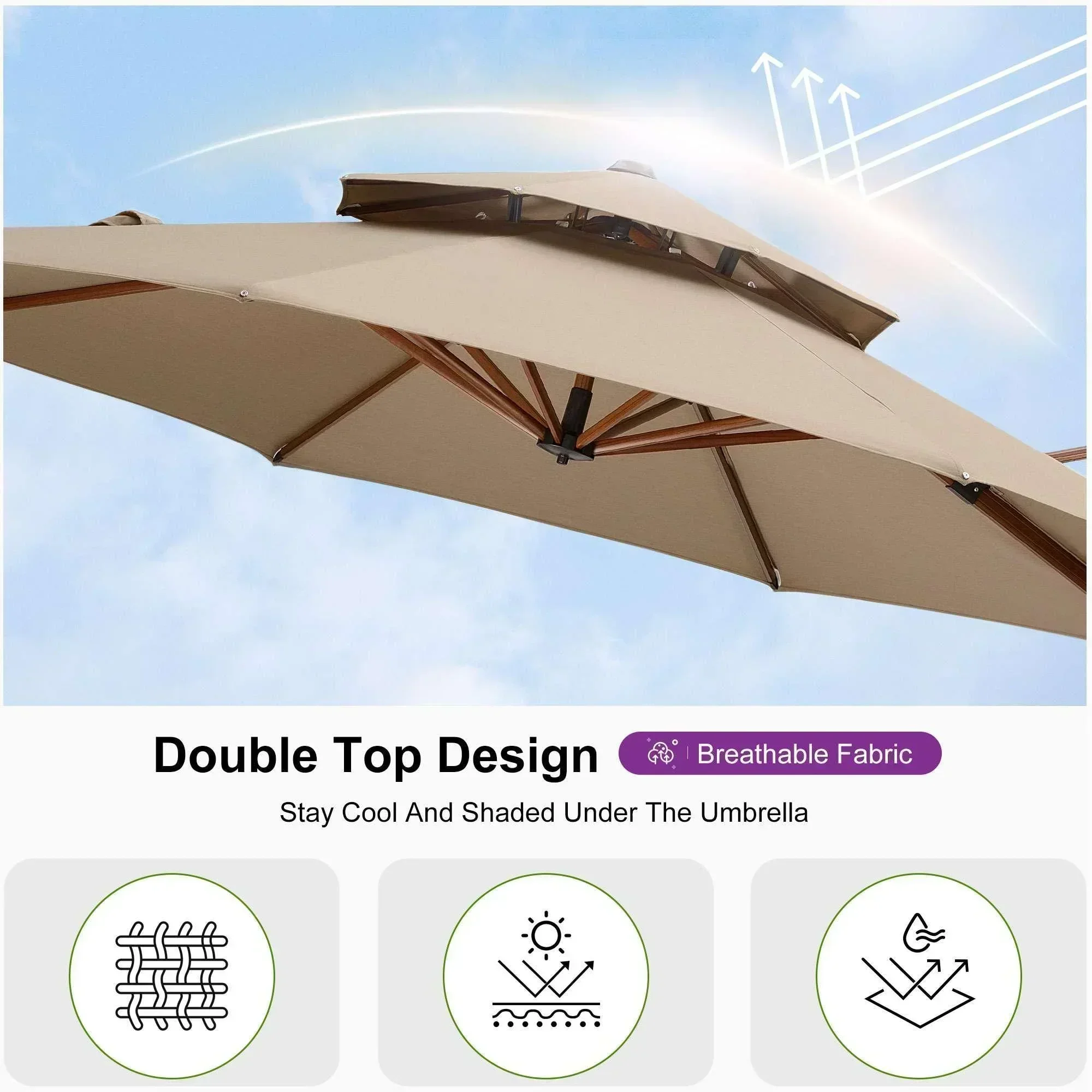 PURPLE LEAF Double Top 10 / 11 / 12 / 13 ft Round Aluminum Patio Umbrella in Wood Color - Image 72