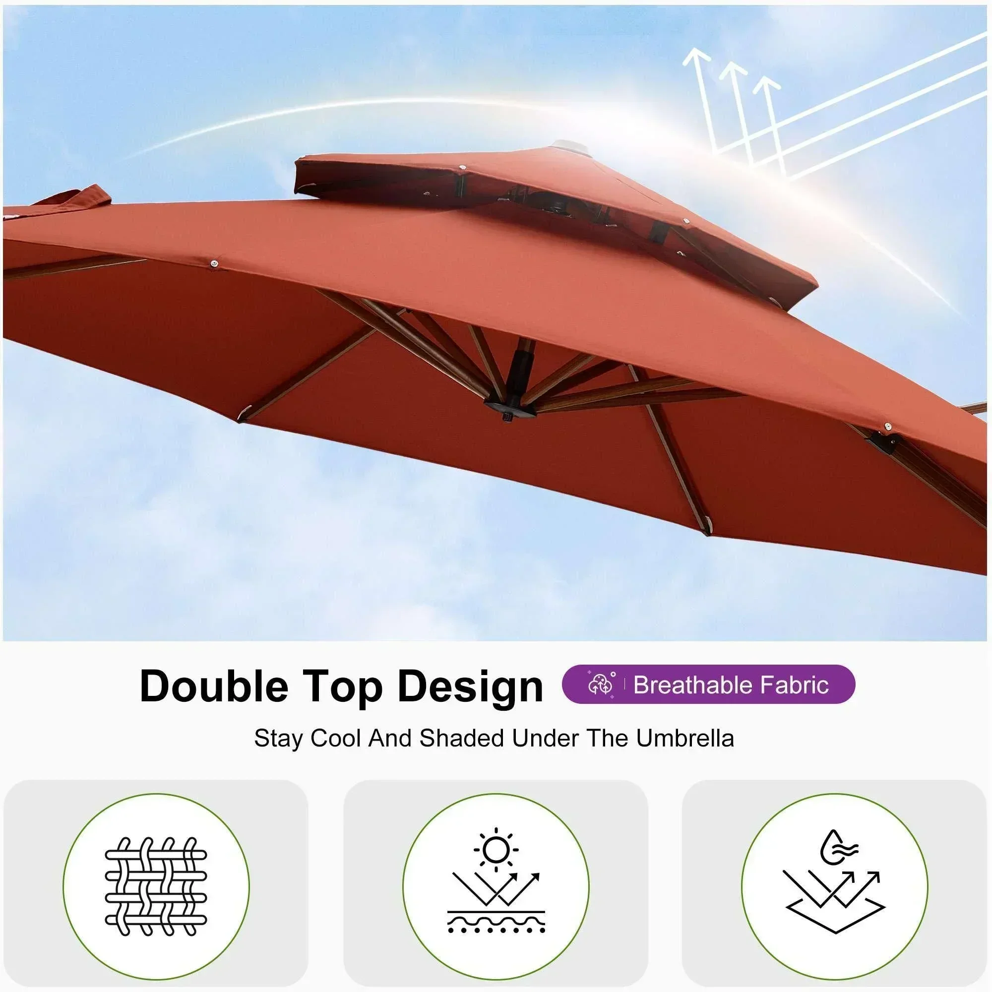 PURPLE LEAF Double Top 10 / 11 / 12 / 13 ft Round Aluminum Patio Umbrella in Wood Color - Image 83